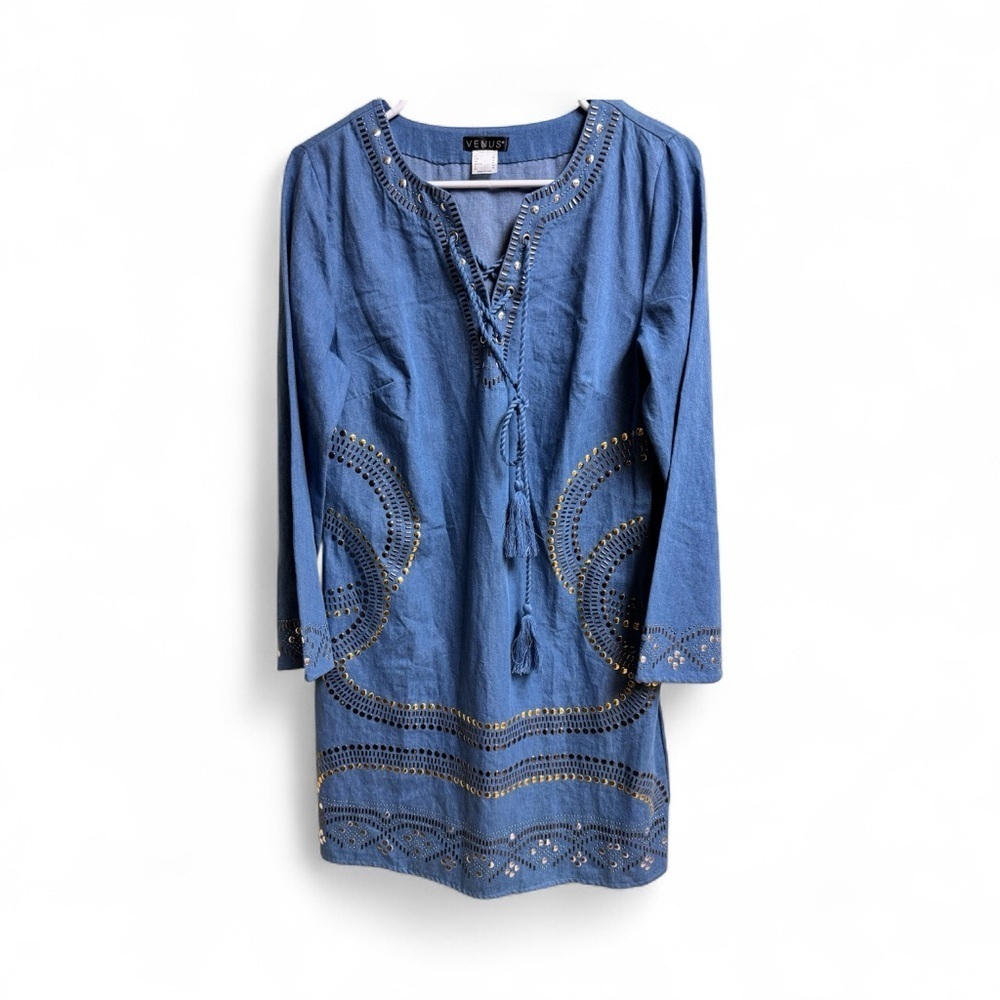 Venus Blue Eyelet Studded Shift Dress Size 6 Small Tunic Boho Festival
